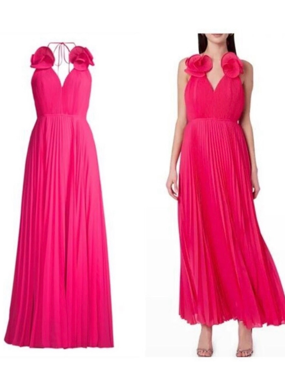 Milly Open Back Halter Evie Pleated Maxi Elegant Dress Hot Pink Size Medium